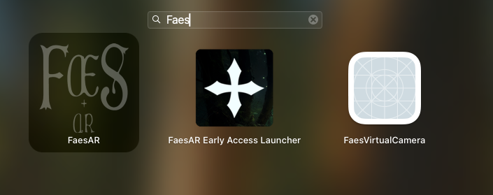 Launchpad search for Faes showing FaesAR, FaesAR Early Access Launcher, and FaesVirtualCamera