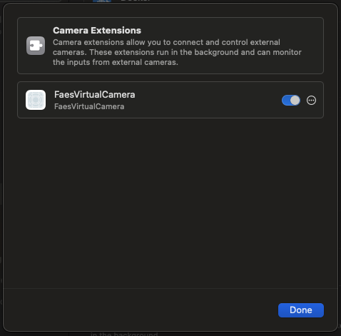 Camera Extensions panel with FaesVirtualCamera turned on