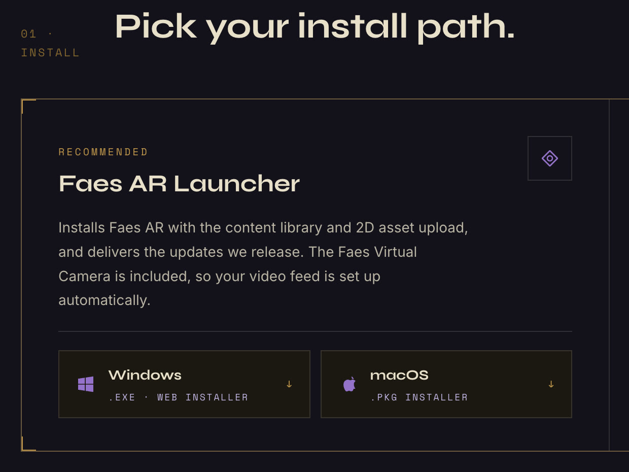 The Faes AR Download page, showing the Faes AR Installer with Windows and macOS installer buttons.