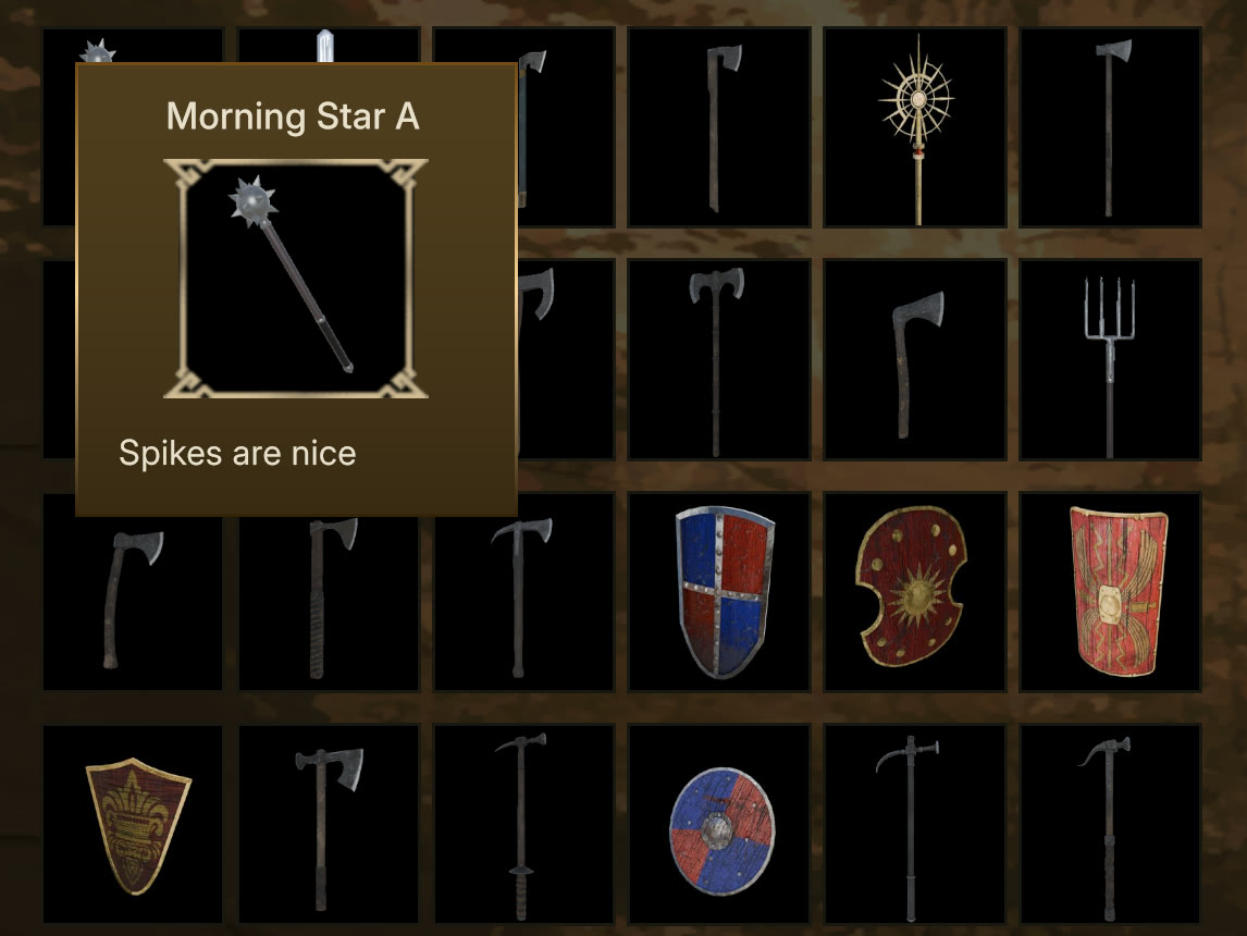 The Faes AR inventory: a grid of hand-crafted weapons and shields, with the Morning Star A item selected.